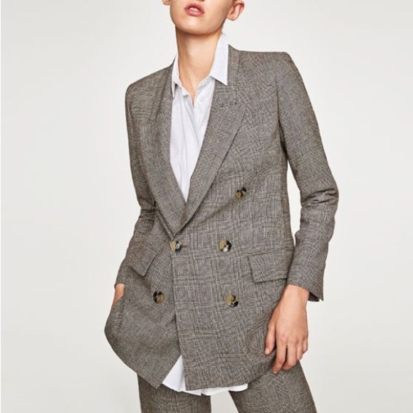 Zara Brown Checked Micro Plaid Double Breasted Overszied Blazer Size M - Picture 1 of 10